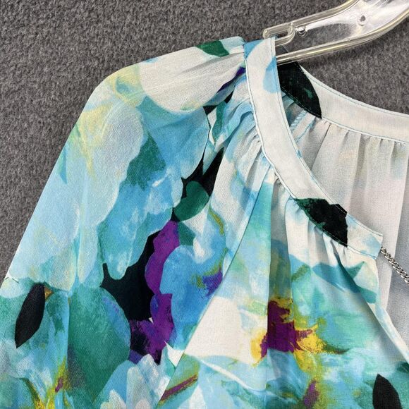 Calvin Klein Blouse Womens Medium Blue Floral Split Neck Chain Tassel Sheer - Picture 3 of 16